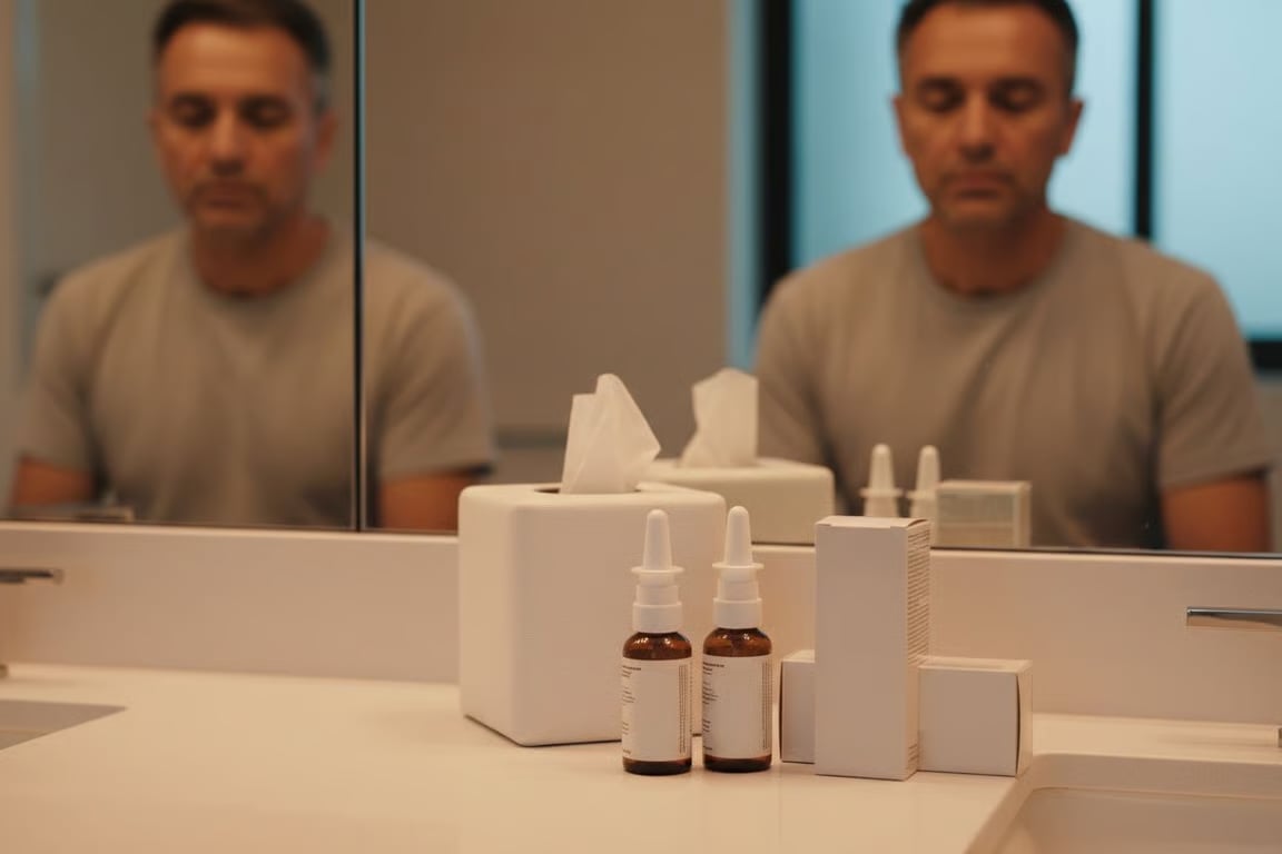 Nasal sprays and medications on a bathroom counter