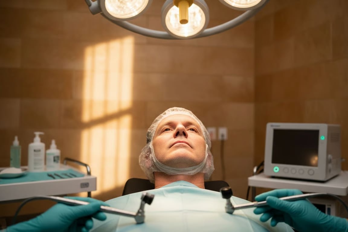 A patient lying in an operating room before sinus surgery