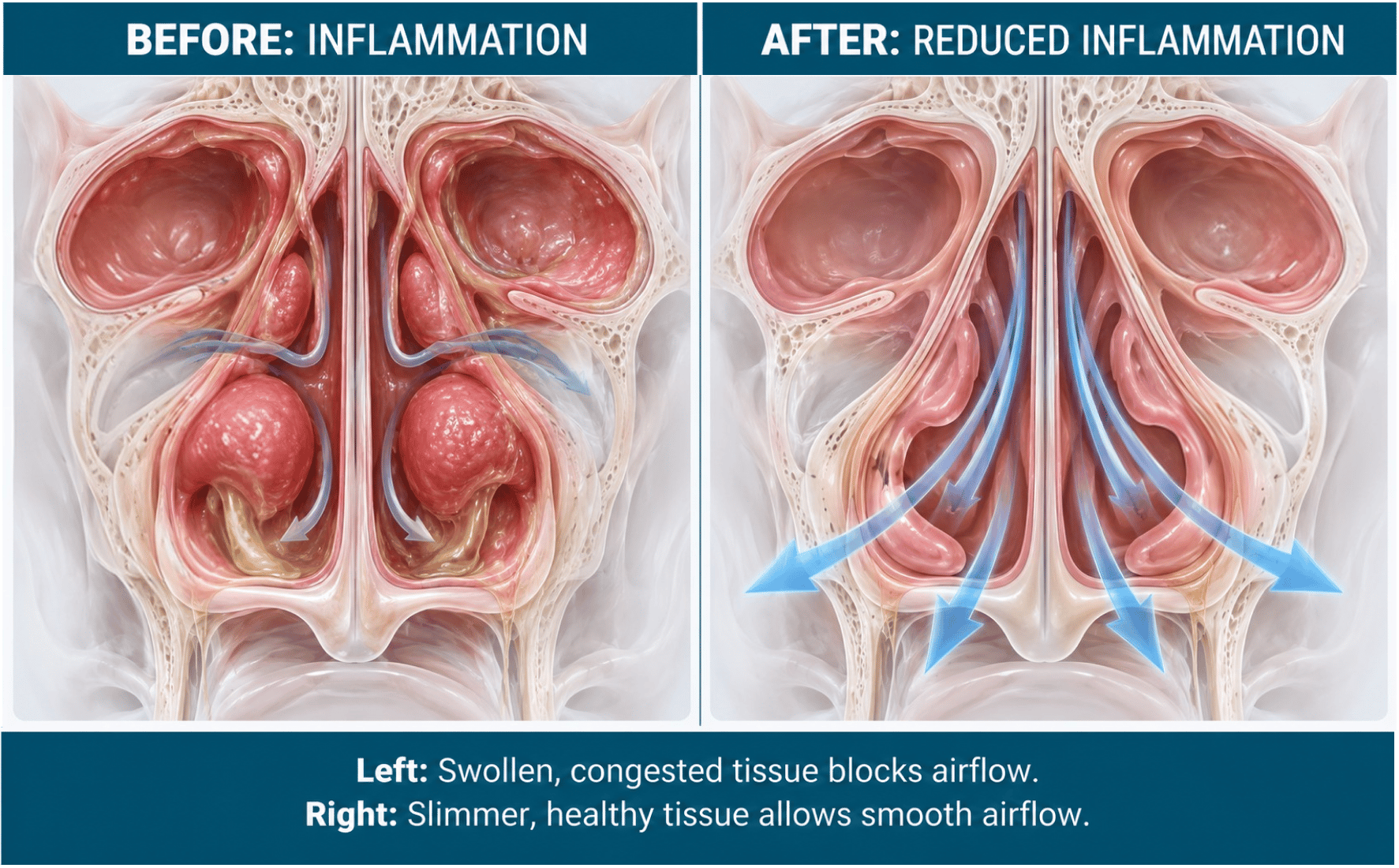 Before: swollen, congested tissue blocks airflow. After: slimmer, healthy tissue allows smooth airflow.