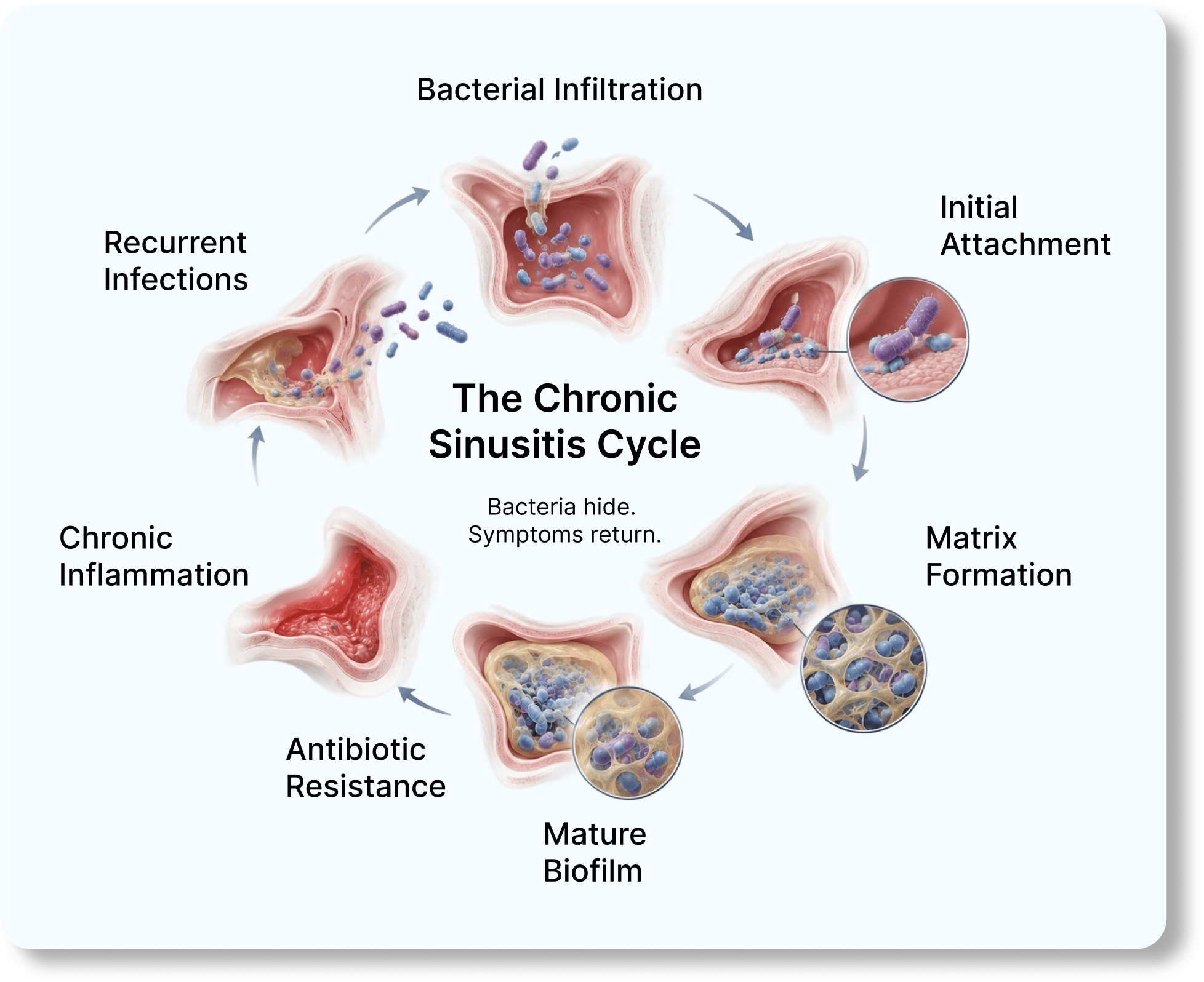 The chronic sinusitis cycle: bacterial infiltration, initial attachment, matrix formation, mature biofilm, antibiotic resistance, chronic inflammation and recurrent infections