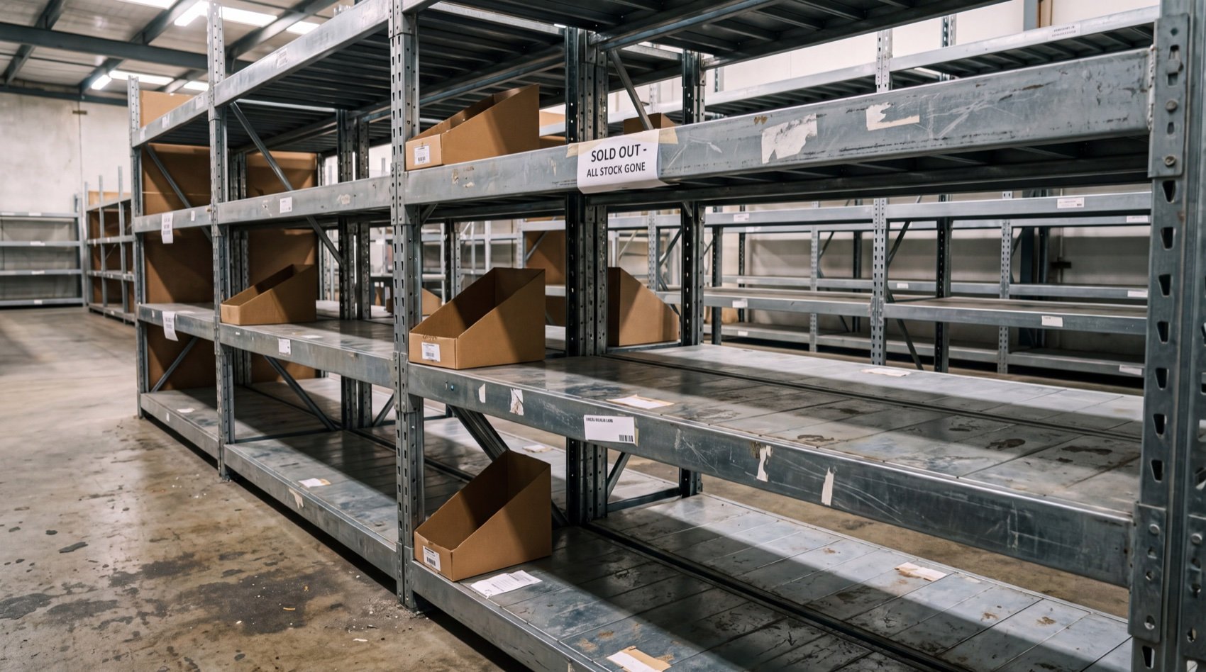 Empty warehouse shelves with a sold out sign
