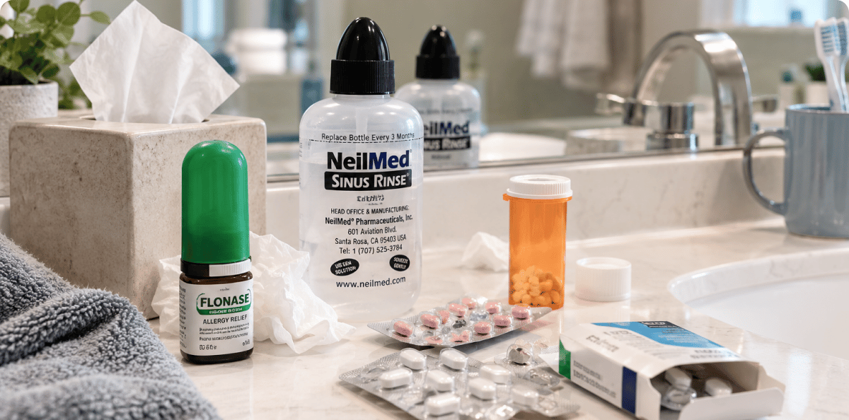 A bathroom counter cluttered with Flonase, NeilMed bottles and antibiotic blister packs