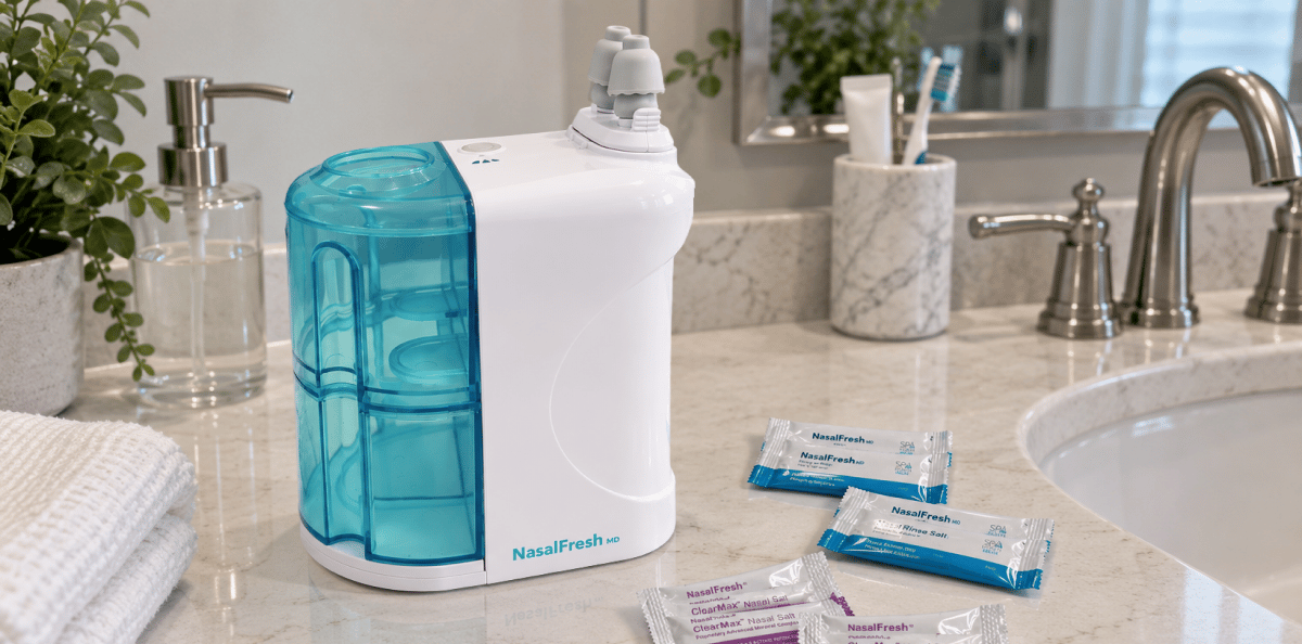 NasalFresh MD on a clean bathroom vanity with rinse packets
