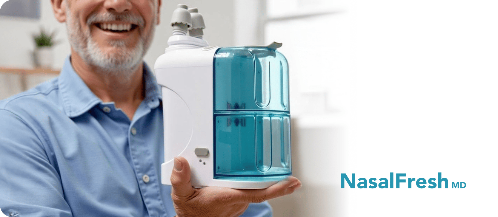 A smiling man holding the NasalFresh MD device