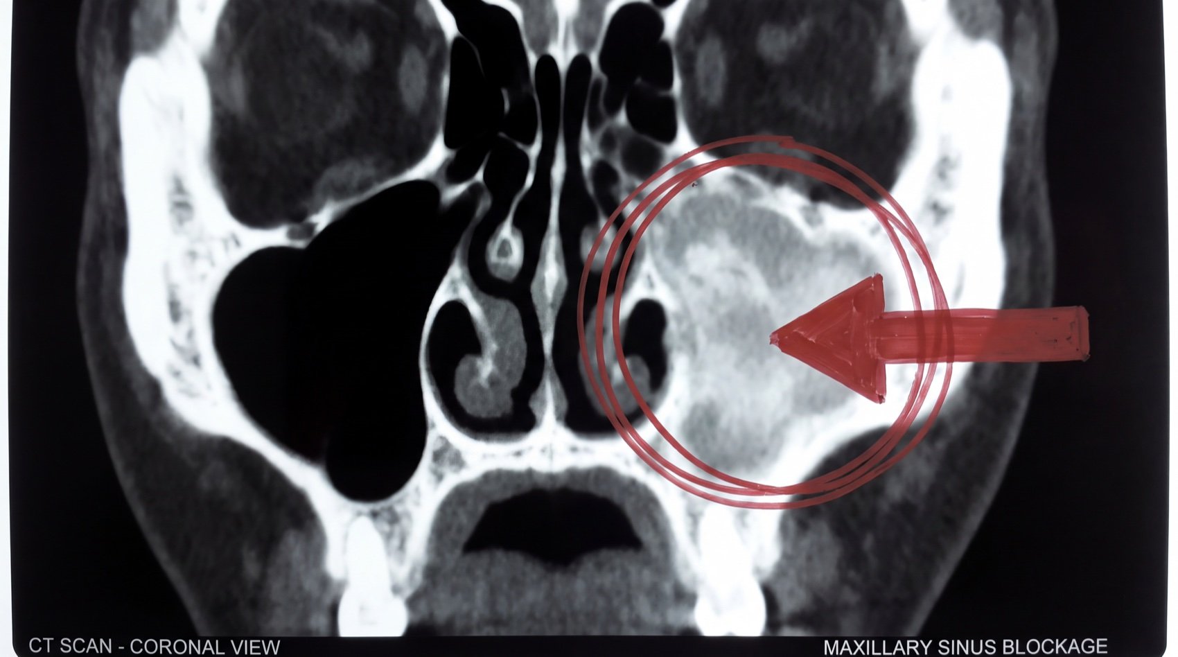 CT scan, coronal view, with a maxillary sinus blockage circled