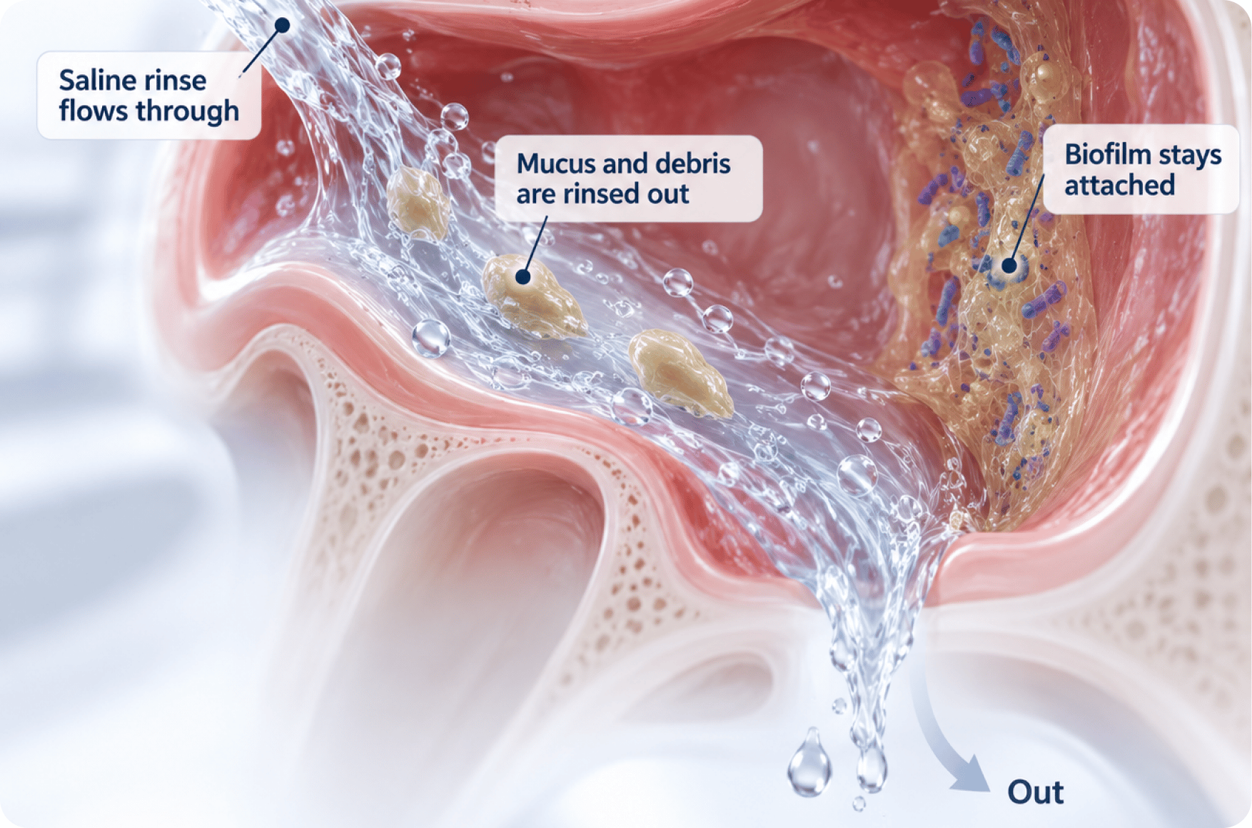 Saline rinse flows through and washes mucus and debris out, while the biofilm stays attached