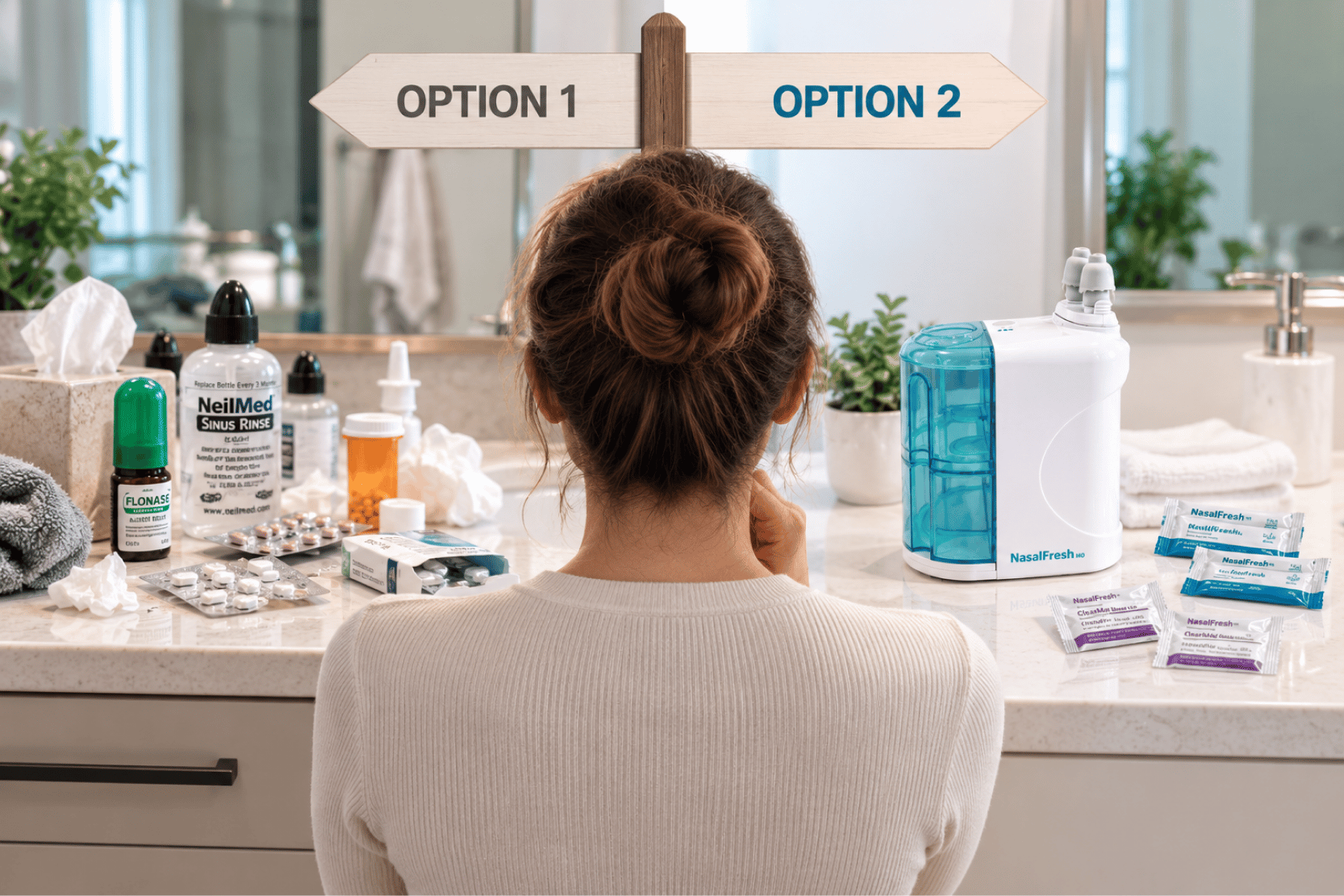A woman at her bathroom mirror deciding between Option 1, a counter of sprays and pills, and Option 2, NasalFresh MD with ClearMax packets