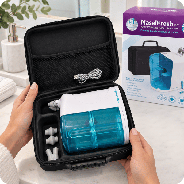 A customer unpacking NasalFresh MD from its travel case