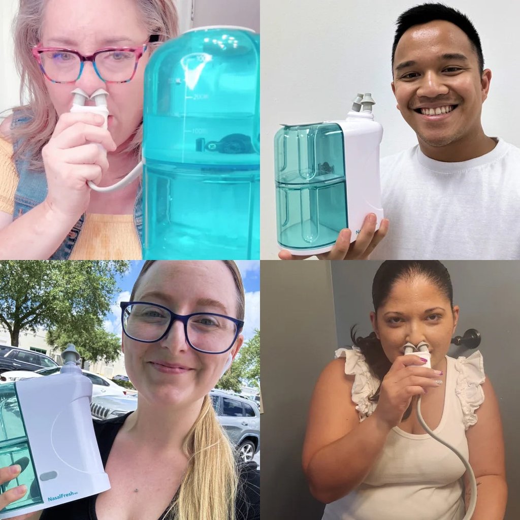 People using a nasal irrigation device in different settings.