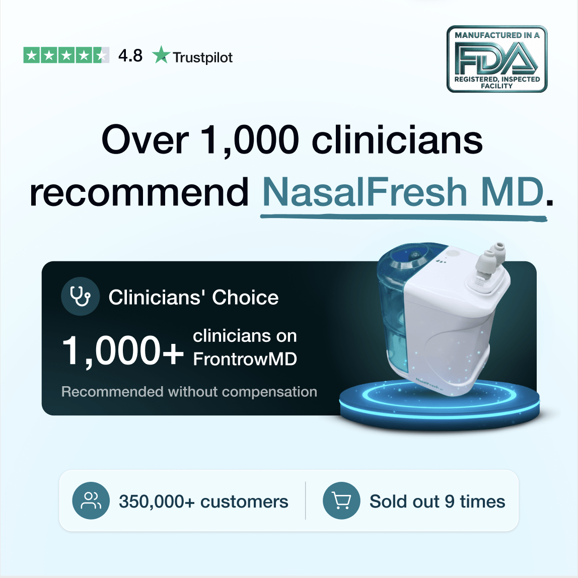 Over 1,000 clinicians recommend NasalFresh MD — Clinicians’ Choice on FrontrowMD, 350,000+ customers, sold out 9 times