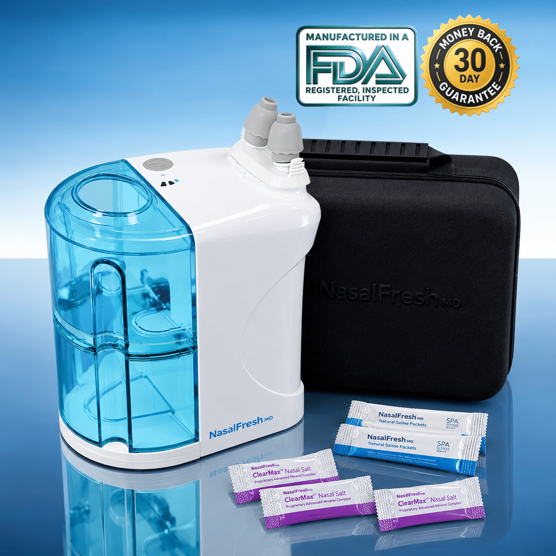 NasalFresh MD device with carrying case and ClearMax rinse packets