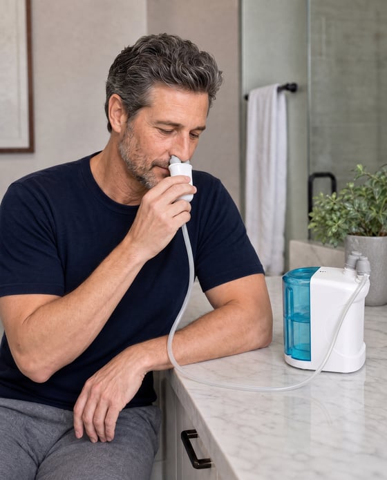 The same man using NasalFresh MD at his bathroom counter