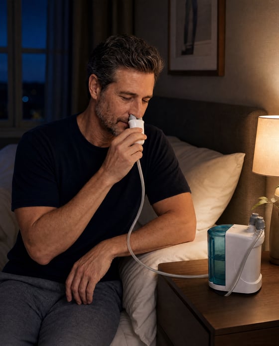 The same man using NasalFresh MD in bed before sleep
