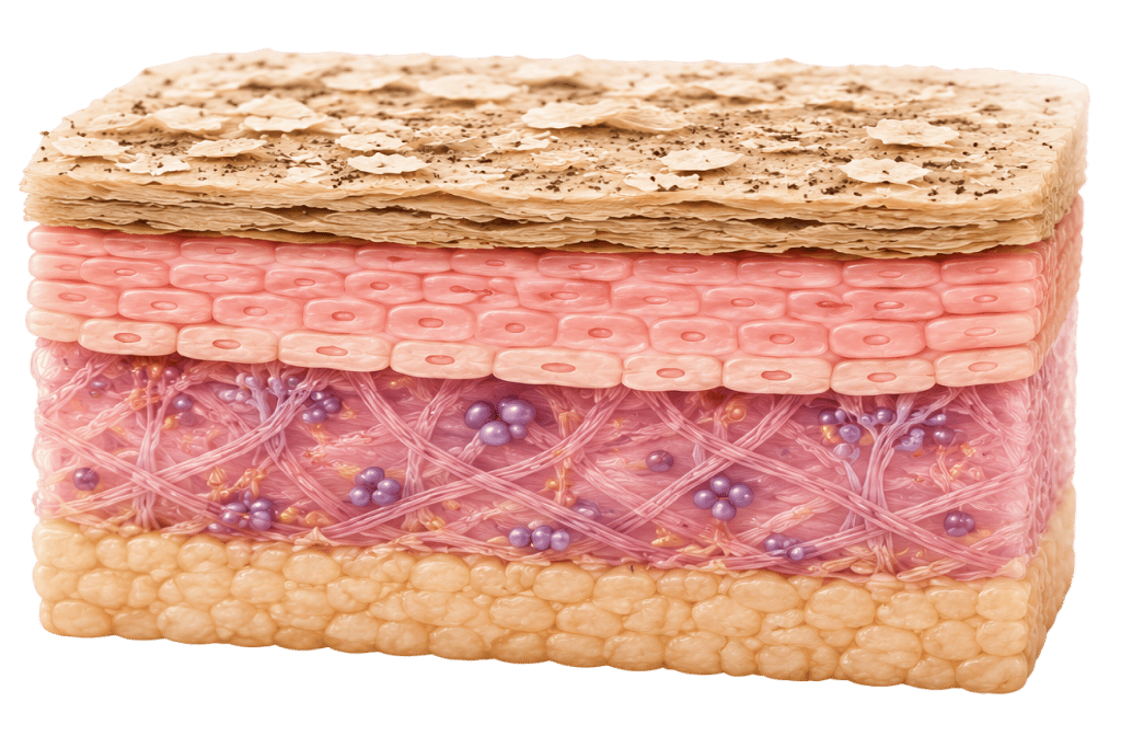 Cross-section of skin showing the dull film layer above fresh skin