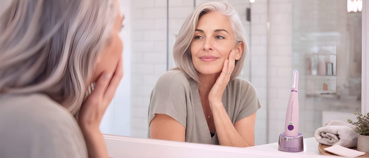 Woman dermaplaning at home in front of a mirror