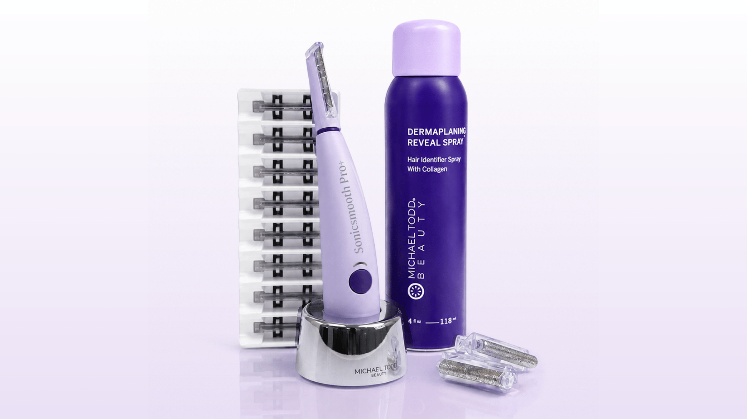 Sonicsmooth Pro+ system with 8 dermaplaning tips, 2 Microsmooth tips, charging cradle, and free Hair Identifier Spray