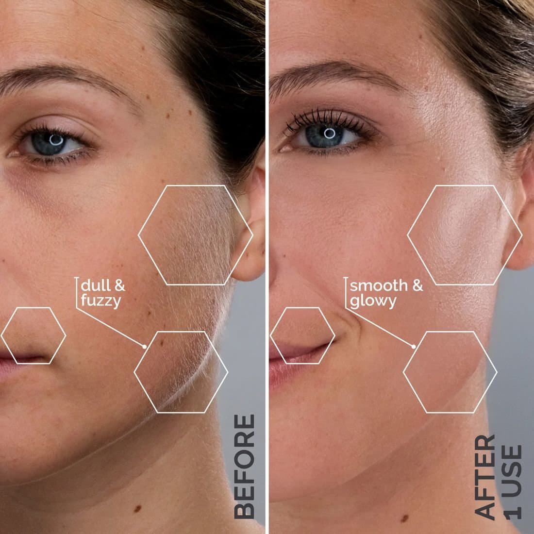 Lavender Side-by-side photos show a woman's skin dull & fuzzy before and smooth & glowy after