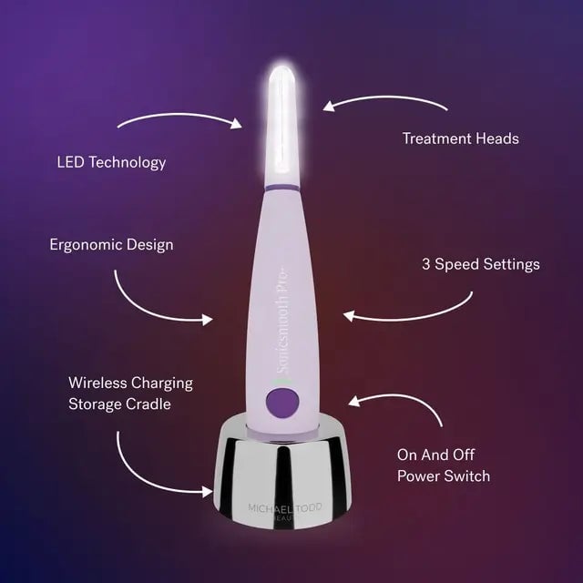 Lavender The Michael Todd Beauty Sonicsmooth Pro+ System in purple on a wireless charging cradle with labeled parts