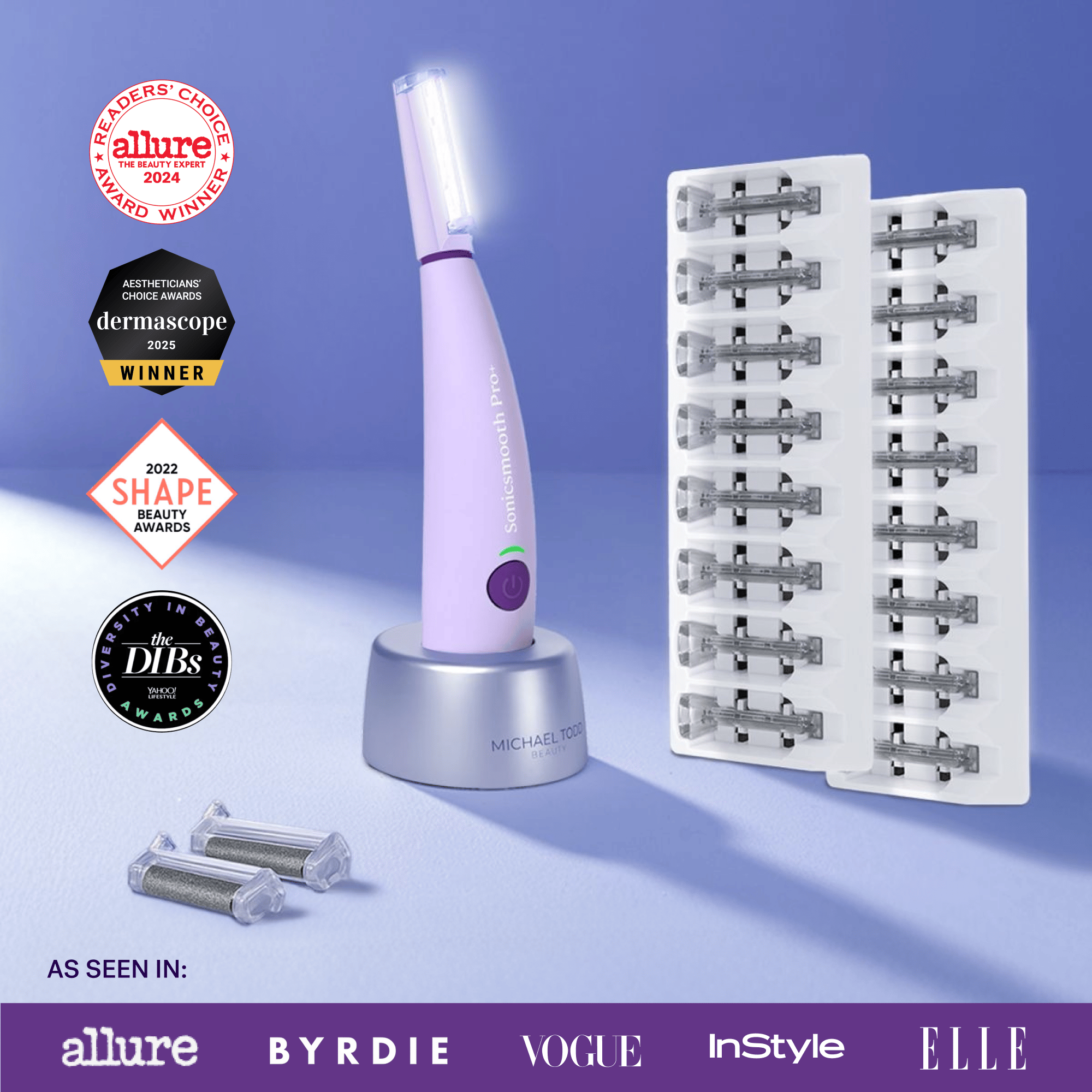 Lavender The Michael Todd Beauty Sonicsmooth Pro+ System shown in purple on a charging stand