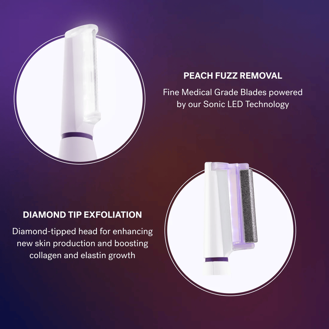 Lavender Close-up of the Sonicsmooth Pro+ medical-grade sonic dermaplaning blade and diamond-tipped exfoliation head