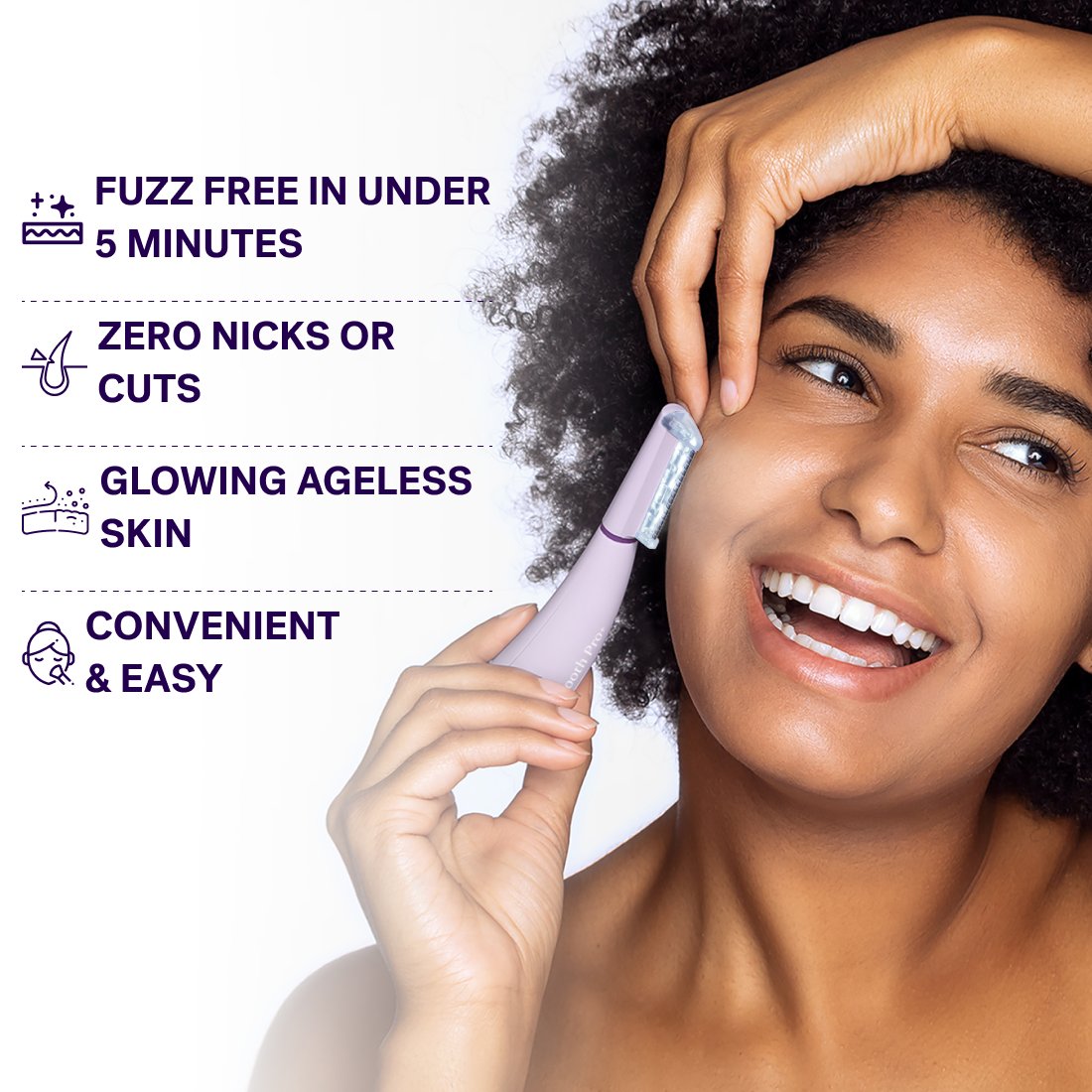 Lavender A woman uses the Michael Todd Beauty Sonicsmooth Pro+ System achieving fuzz-free glowing skin in under 5 minutes