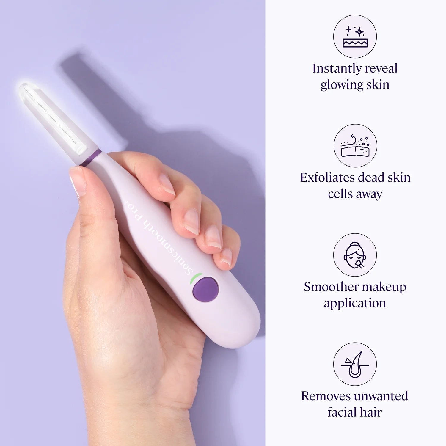 Hand holding skincare device with benefits listed: glowing skin, exfoliation, smoother makeup, hair removal.