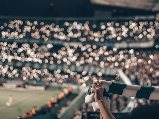 Fan holding green and white scarf at football game