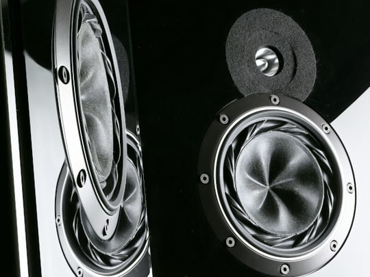 Black and white image of two large shiny speakers