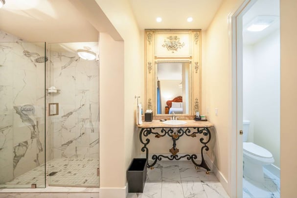 Queen with Living Area, Sofabed, Fireplace, and Patio