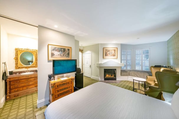 King with Jetted Tub, Fireplace, and Patio