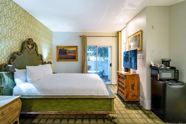 King with Jetted Tub, Fireplace, and Patio