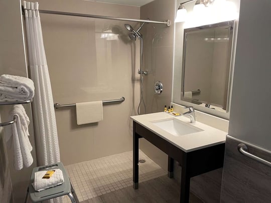 Mobility Accessible King Room Walk-in Shower & Vanity