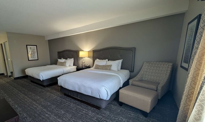 Queen Beds Sofa and Fireplace