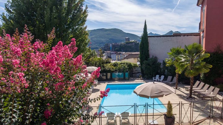View on the swimming pool and castle