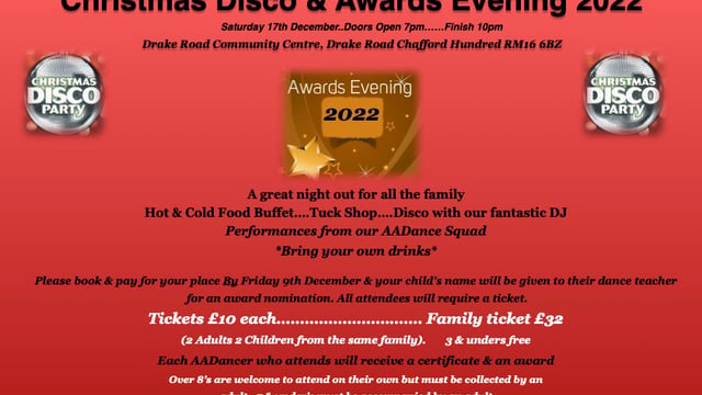 AADance Awards Evening & Christmas Disco 2022 Saturday 17th December - AADance Chafford Hundred