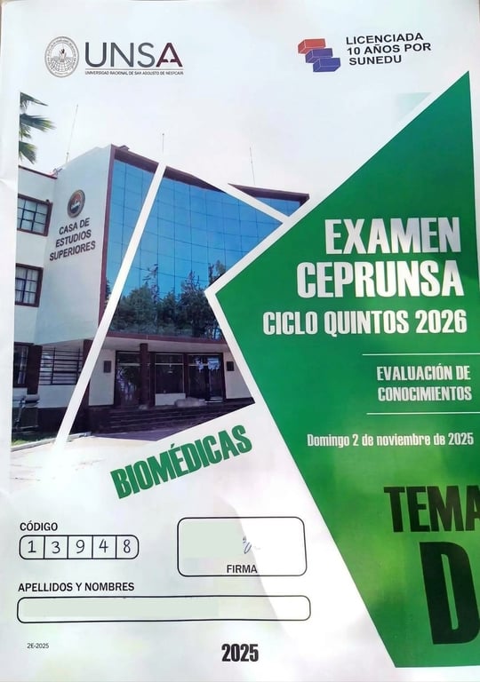 Examen CEPRUNSA CICLO QUINTOS 2026 BIOMÉDICAS