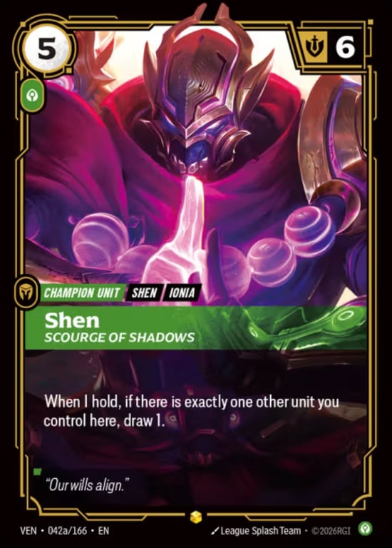Shen, Scourge of Shadows, Riftbound card VEN-042a