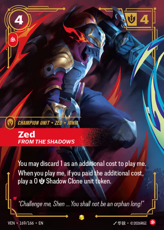 Zed, From the Shadows, Riftbound card VEN-169