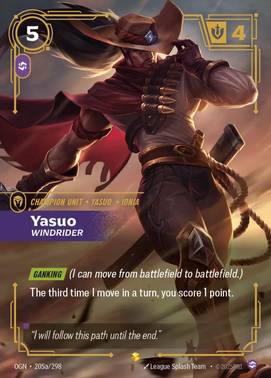Yasuo, Windrider, Riftbound card OGN-205a