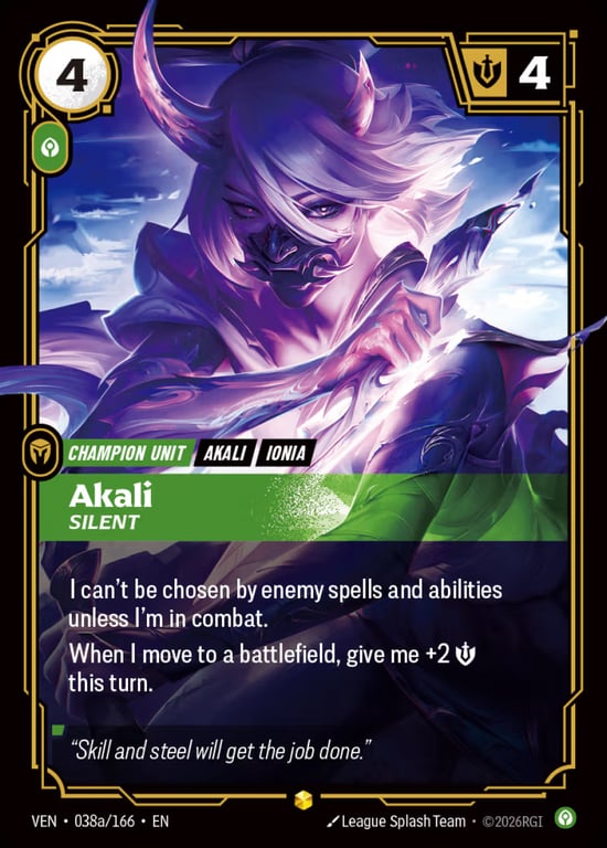 Akali, Silent, Riftbound card VEN-038a