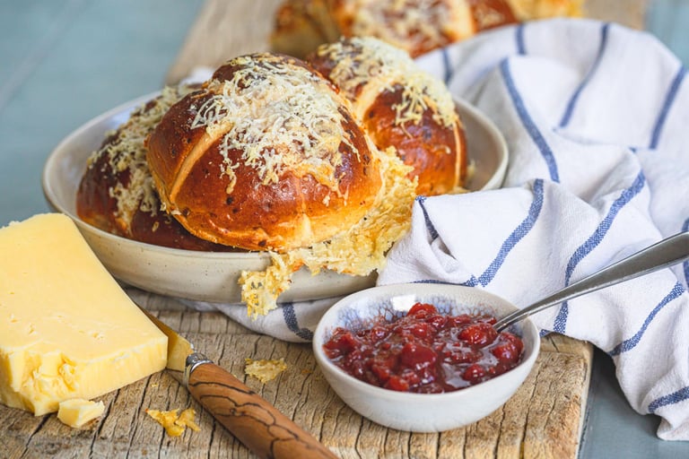 Triple-cheese hot cross buns