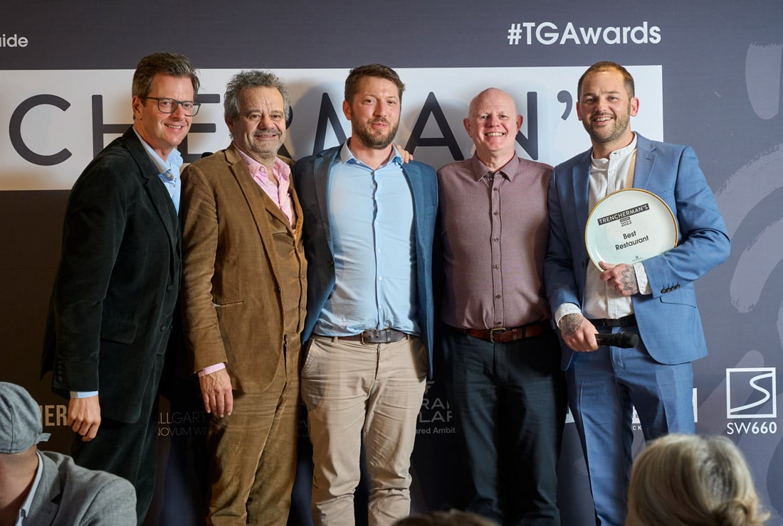 William Sitwell and Mark Hix with Best Restaurant winners Prawn on the Lawn