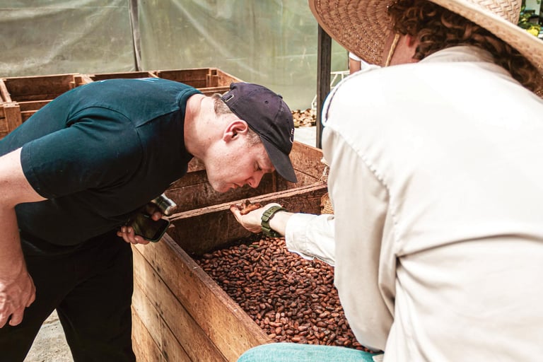Oliver from Exploding Bakery smelling cocoa beans used in the chocolate they source
