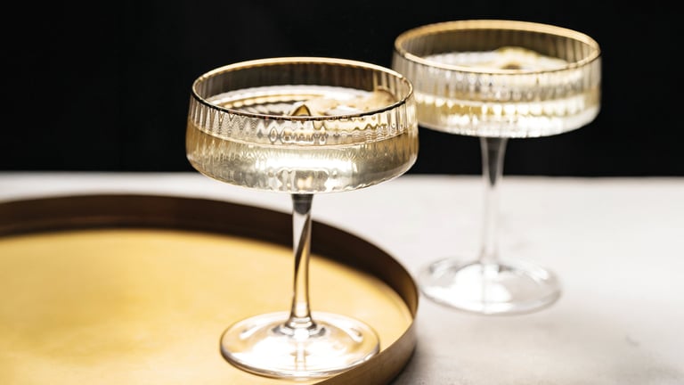 Joy in a glass – festive fizz in glasses on a tray.
