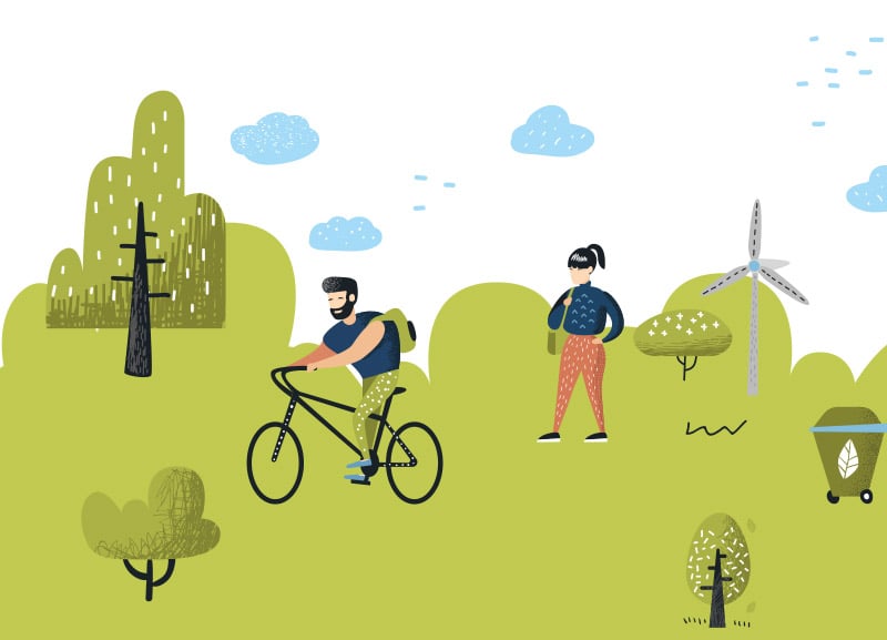 Smart Living illustration of man and woman cycling in a green field park