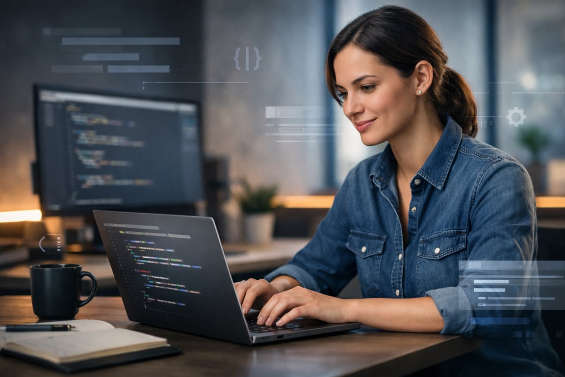 Ambiente de trabalho de programação com notebook e código na tela, representando o inglês para devs.