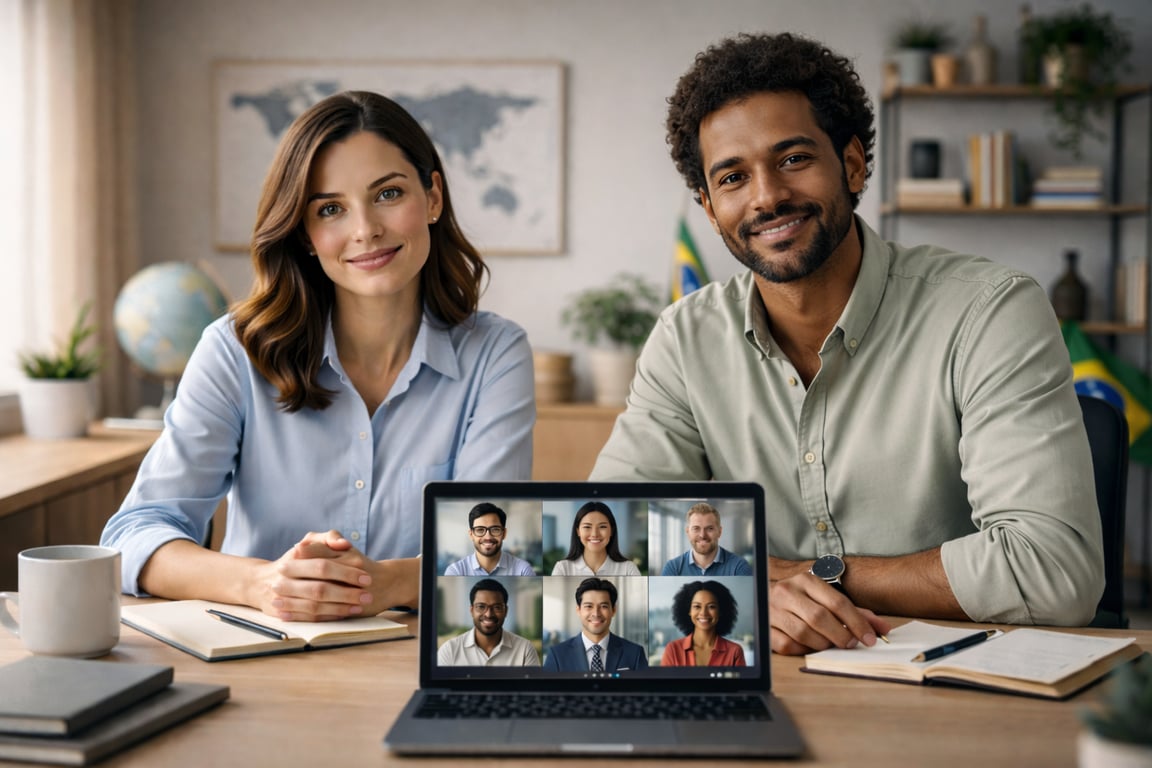 Profissionais em call remota e reunião online, sugerindo comunicação global no trabalho.