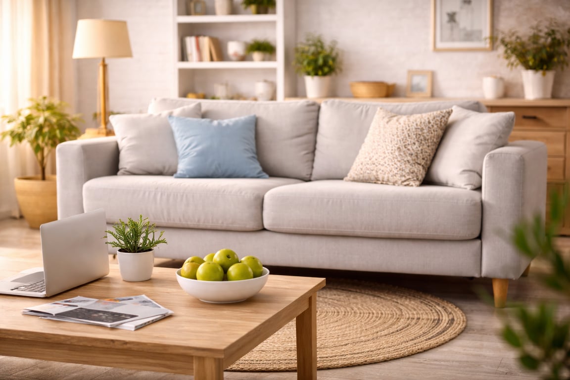 Ambiente interno organizado com objetos do dia a dia, ideal para praticar descrições com There is e There are.