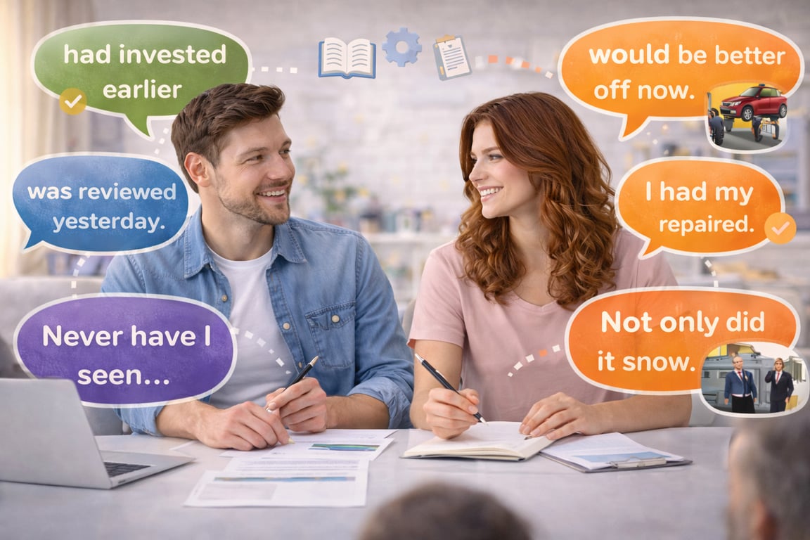 Mesa de trabalho com anotações e materiais de estudo, simbolizando revisão e refinamento do inglês avançado.