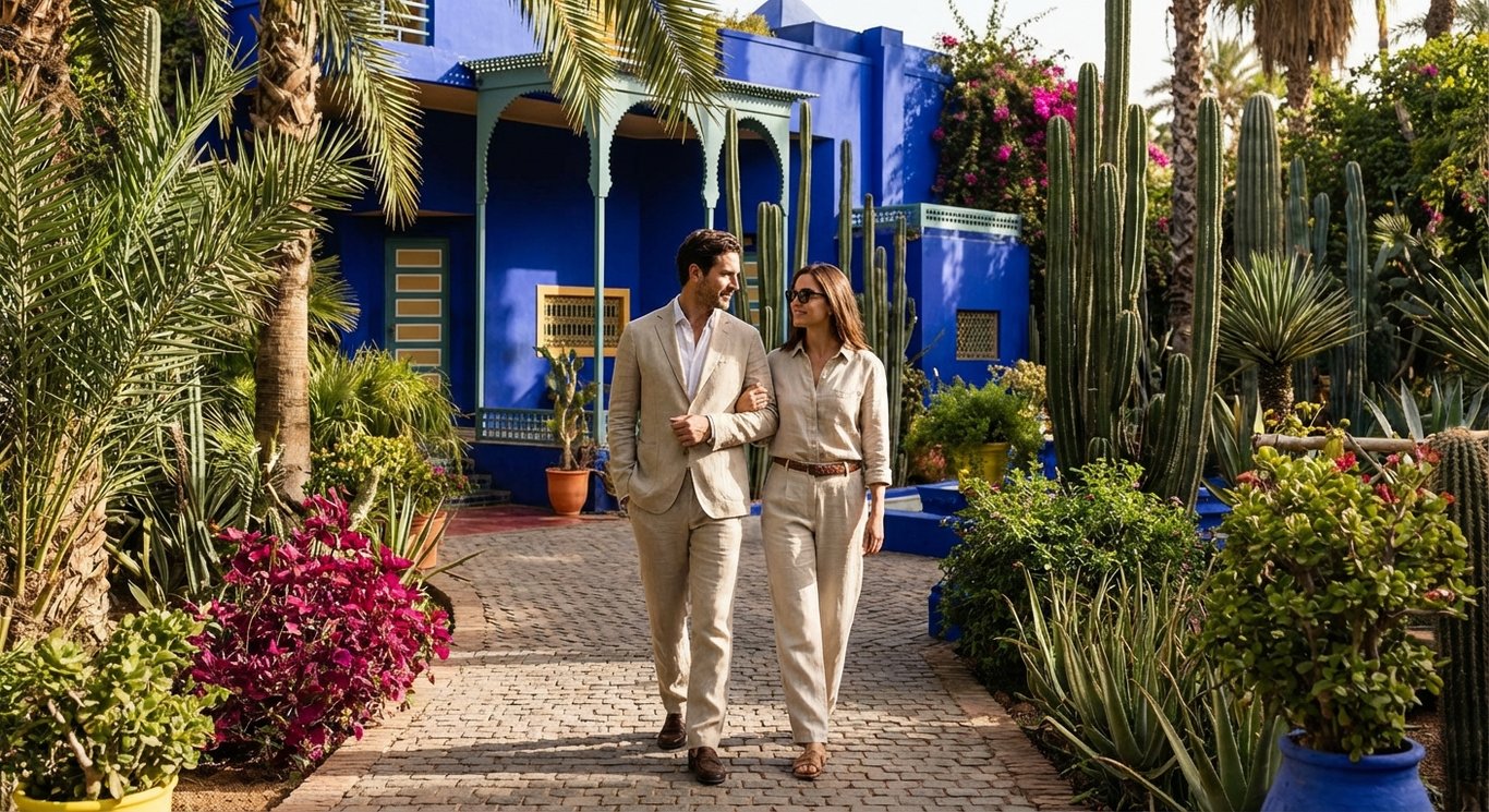Couple strolling through Jardin Majorelle, vibrant colors, Marrakech